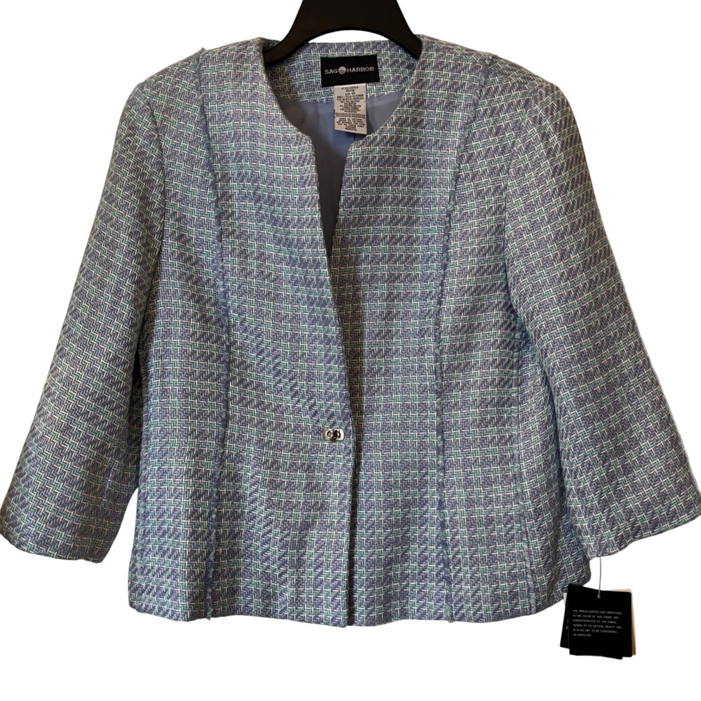 Sag‎ Harbor Women's Tweed Blazer 10 NWT Blue Collarless Open Front Lined